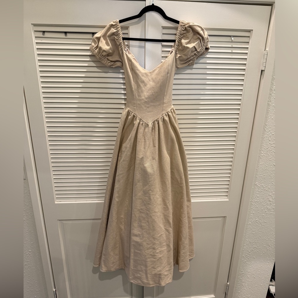 Fashion Brand Company Beige Linen Puff Sleeve Maxi Virgin Dress